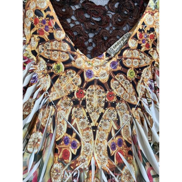 Energe Tunic 2X Multi Paisley Flutter Sleeve V Neck Back Lace Studded Boho Arty - Picture 3 of 12